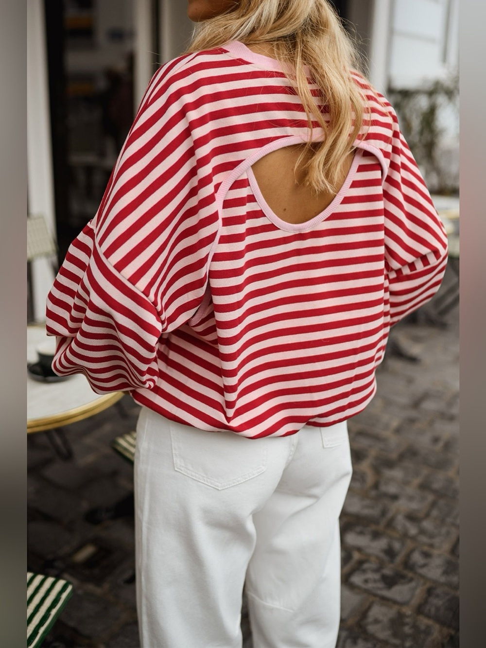 Cutout Back Striped Round Neck Sweatshirt